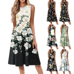 Women's Casual Fashion Floral Print Round Neck Sleeveless Solid Color Midi Dress