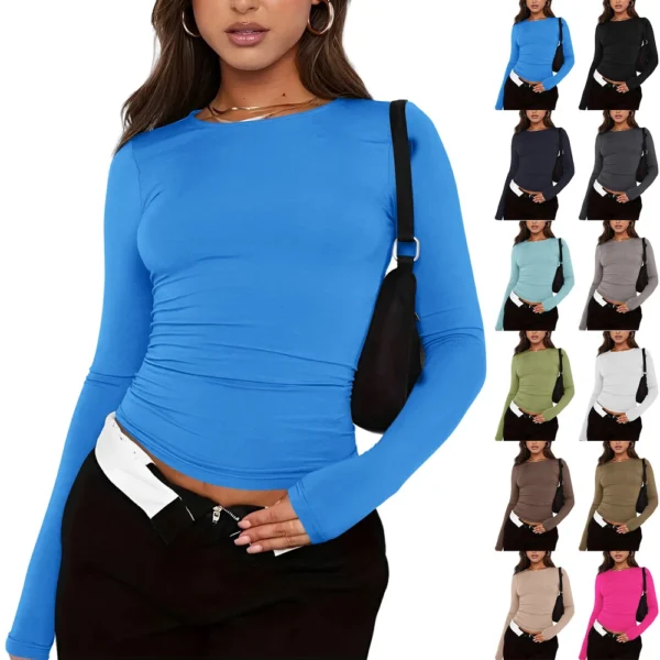 Women's Basic Long Sleeve Tops Slim Fit Stretchy Crew Neck T-Shirt Plain US