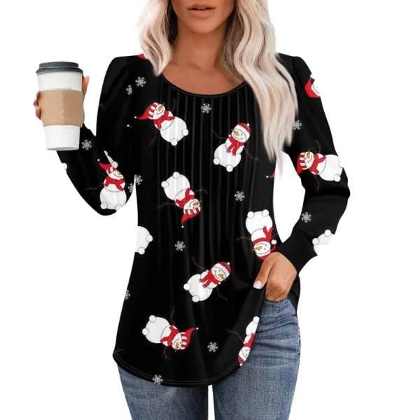 Women's Christmas Printed Top Round Neck Casual Pleated Long Sleeved T-Shirt - Image 8