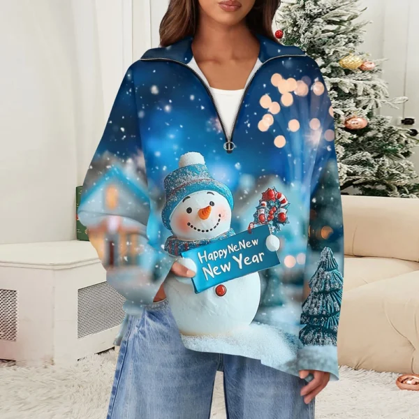 Women's Casual Half Zipper Lapel Christmas Printed Pullover Top Side Slit - Image 22