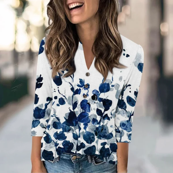 Women's Fashion Casual Loose 3/4 Sleeve Printed Round Neck Top - Image 45