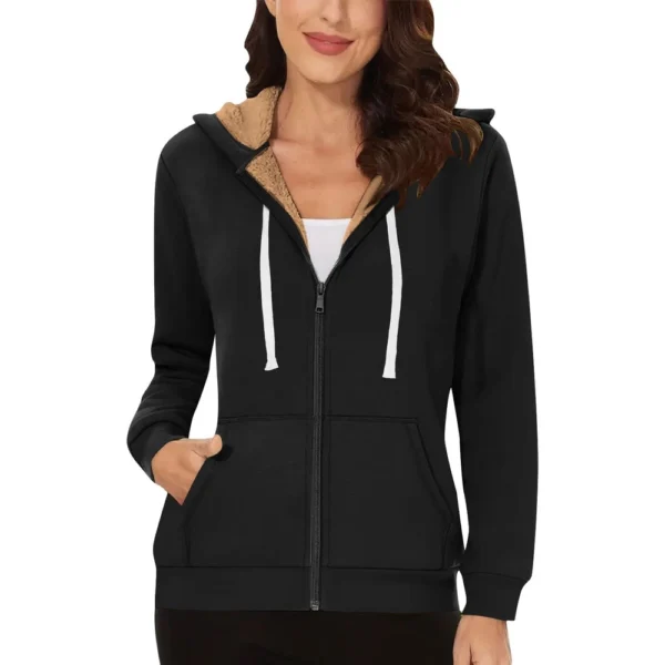 Lined Jacket Women Flannel Winter Warm Fleece Zip Up Hooded With Side Pockets - Image 13