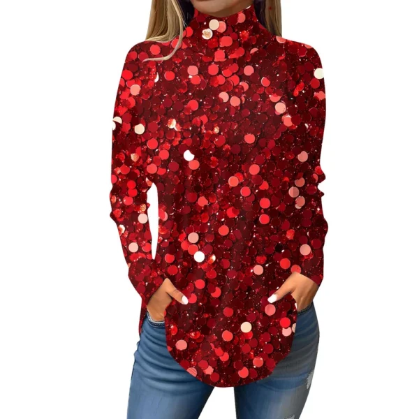 Women's Casual Christmas High Neck Pullover Long Sleeve Fashion Printed T-Shirt - Image 23