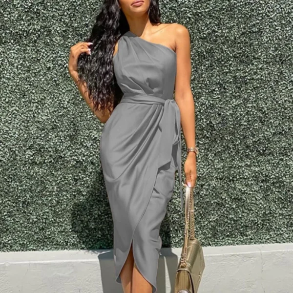 Women's long dress slanted shoulder slim satin dress - Image 8