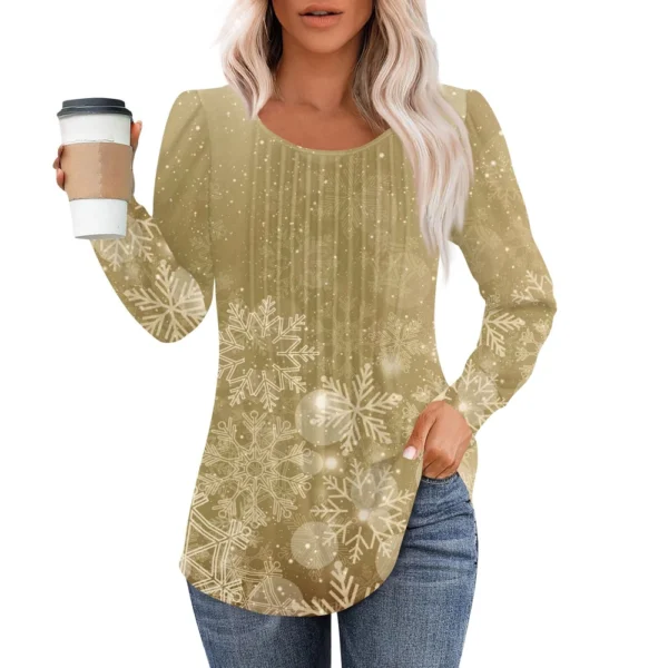 Women's Casual Christmas T-Shirt Round Neck Printed Pleated Long Sleeved Top - Image 11