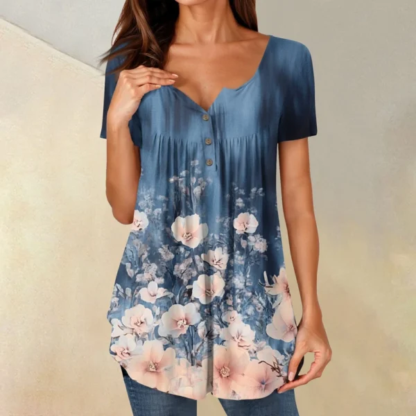 Women Tunic Tops Dressy Casual Summer Short Sleeve Shirts Loose Fit Pleated - Image 22