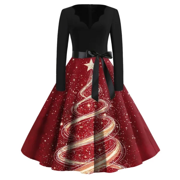 Women's Casual V-Neck Fashion Printed Christmas Long Sleeve Slim Dresses - Image 53