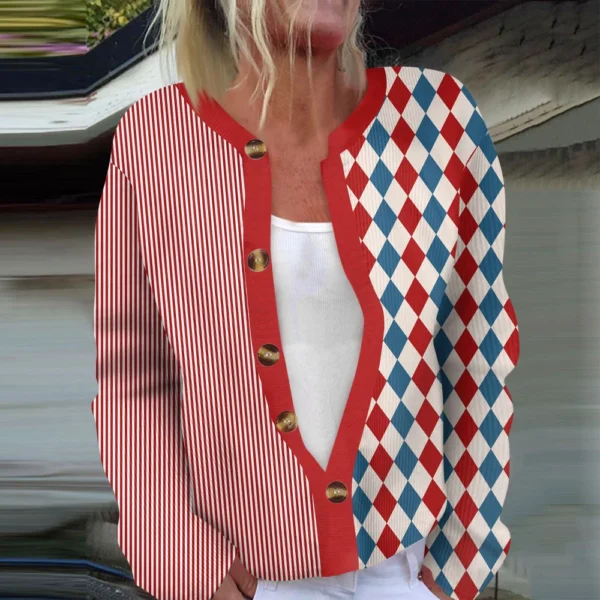 Women's Fashion Long Sleeve  Carnival Color Stripes Print Jacket Cardigan - Image 16