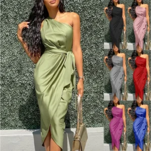 Women's long dress slanted shoulder slim satin dress