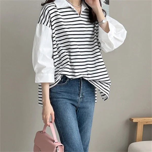 Women's Loose Striped Shirt Collar Women's Top - Image 3
