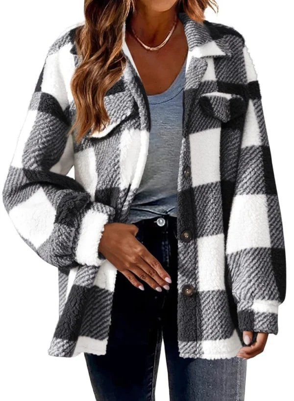 Pocket Plaid Jacket Button Plush Jacket - Image 10