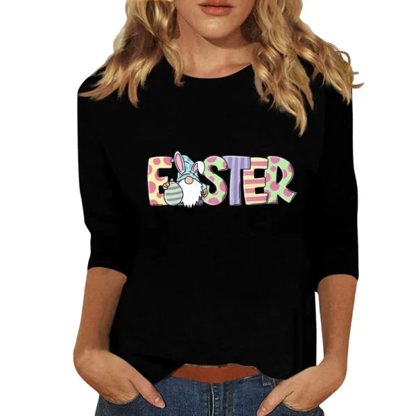Women's Fashion Easter Casual 3/4 Sleeve Printed Basic Tops Plus Size Pullover - Image 32