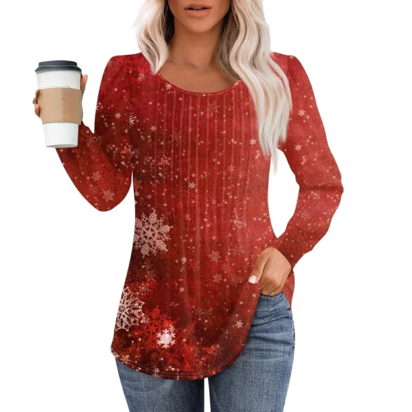 Women's Casual Christmas T-Shirt Round Neck Printed Pleated Long Sleeved Top - Image 46