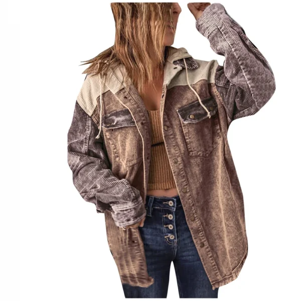 Women's Contrasting Splicing Double Pocket Hooded Jacket - Image 5