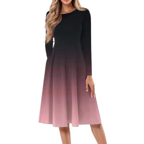 Women's Casual Fashion Round Neck Long Sleeve Print Midi Dress - Image 29