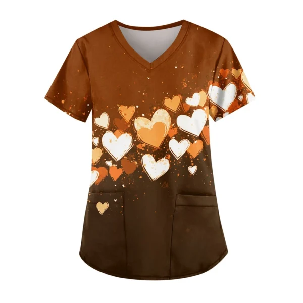 Women's Cute Printed Work Clothes V-neck Double Layer Pockets Basic Short - Image 11