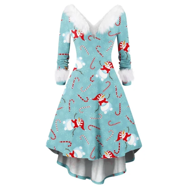 Women's Fashion V-neck Casual Fit Christmas Print Party Long Sleeve Dress - Image 16