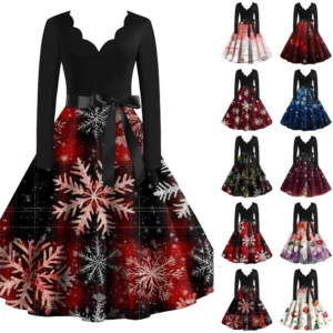 Women's Casual V-Neck Christmas Printed Fashion Long Sleeve Slim Dresses