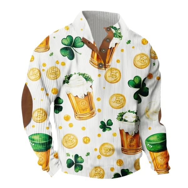 Knit Printed 3 Button - Corduroy Men's Standing Collar Pocket Sweatshirt - Image 4