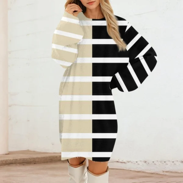 Women's Round Neck Casual Long Sleeve Plush Gradient Stripe Dresses - Image 30