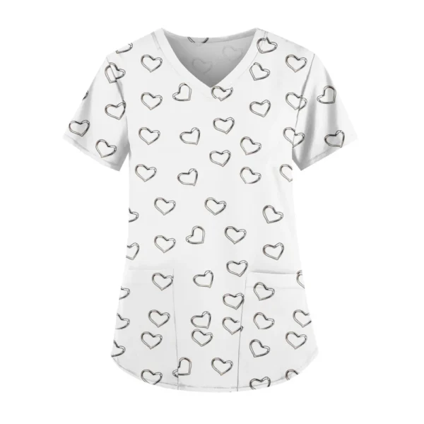Women's Cute Printed Work Clothes V-neck Double Layer Pockets Basic Short - Image 51