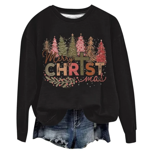 Women's Casual Loose Solid Color Easter Print Round Neck Long Sleeve Hoodie - Image 9