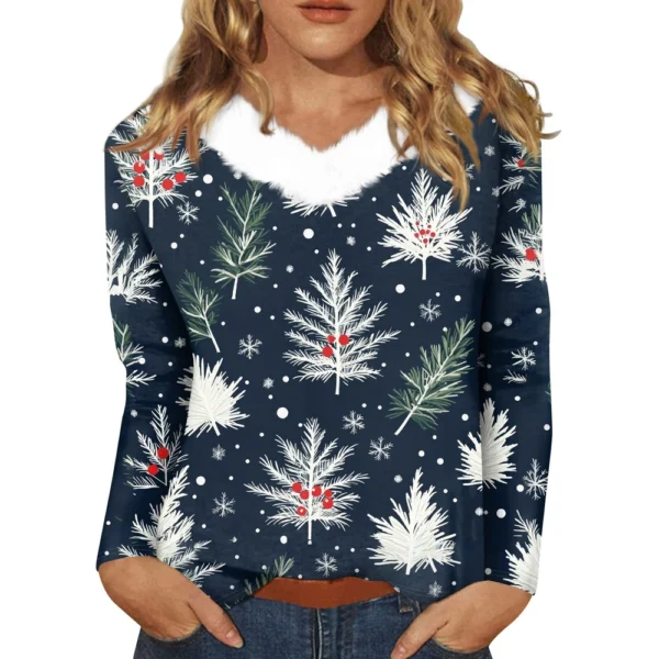 Women's Loose Casual Long Sleeved Christmas Printed Plush Collar V Neck Top, - Image 8