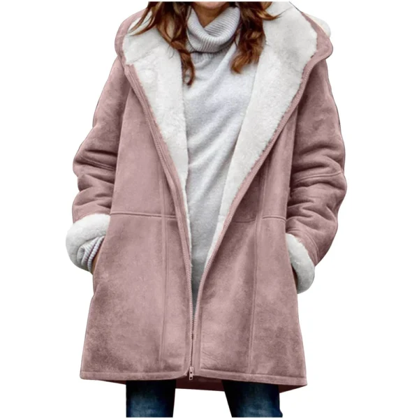 Women's  Fashionable Solid Color Warm Coat Long Sleeved Zipper Loose Hooded - Image 3