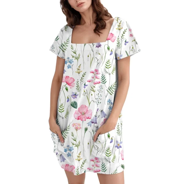 Women's Square Collar Short Sleeve Fashion Skirt Floral Print Pocket Casual - Image 35