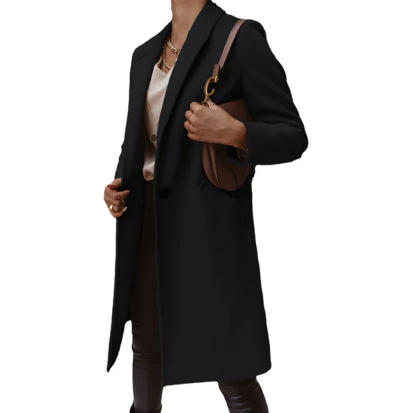 Solid color lapel long button woolen coat for women - Image 6