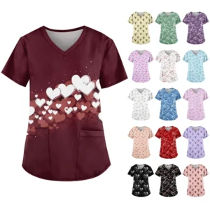 Women's Cute Printed Work Clothes V-neck Double Layer Pockets Basic Short