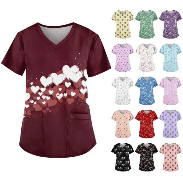 Women's Cute Printed Work Clothes V-neck Double Layer Pockets Basic Short