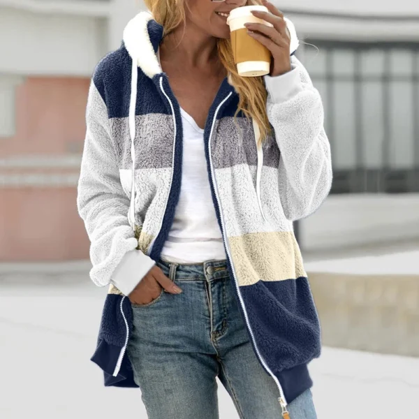 Women's Fashion Stitching Loose Hoodies Long Sleeve Plush Zipper Coat - Image 19