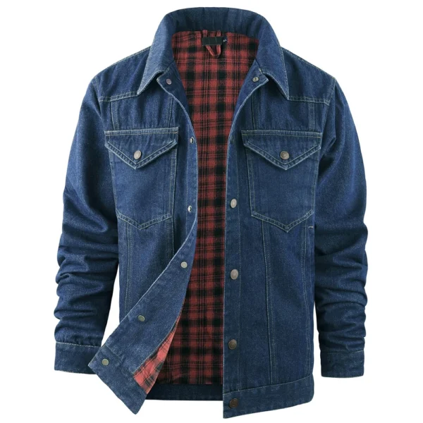 Mens Casual Outdoor Pocket Solid Color Fashion  Cowboy Flannel Jacket - Image 2