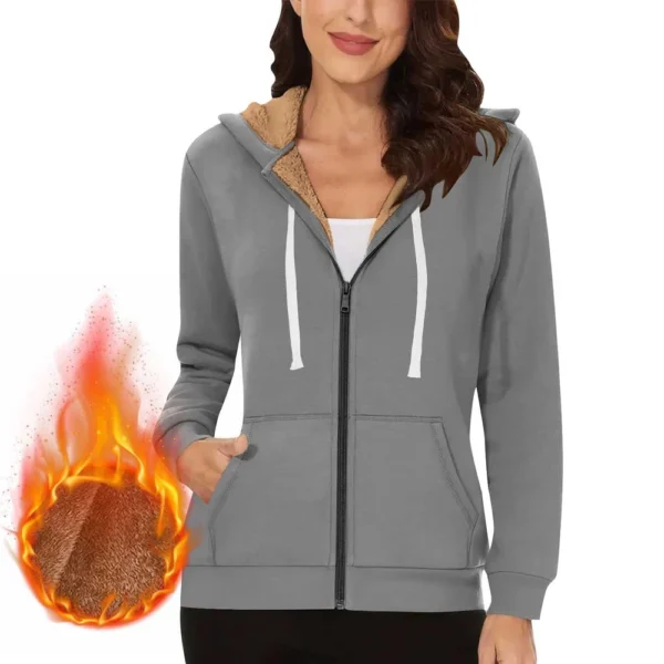 Lined Jacket Women Flannel Winter Warm Fleece Zip Up Hooded With Side Pockets - Image 20