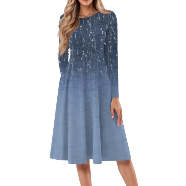 Women's Casual Fashion Round Neck Long Sleeve Print Midi Dress - Image 17