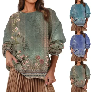 Women's Fashion Casual Round Neck Loose Long Sleeve Retro Printed Sweatshirt