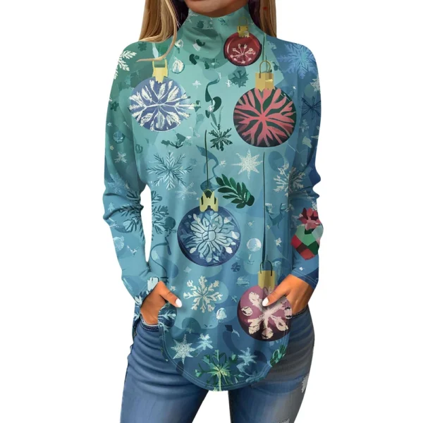 Women's Casual Pullover High Neck Christmas Long Sleeve Printed Fashion T-Shirt - Image 14