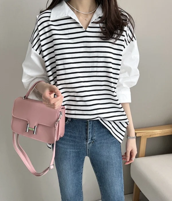 Women's Loose Striped Shirt Collar Women's Top - Image 7