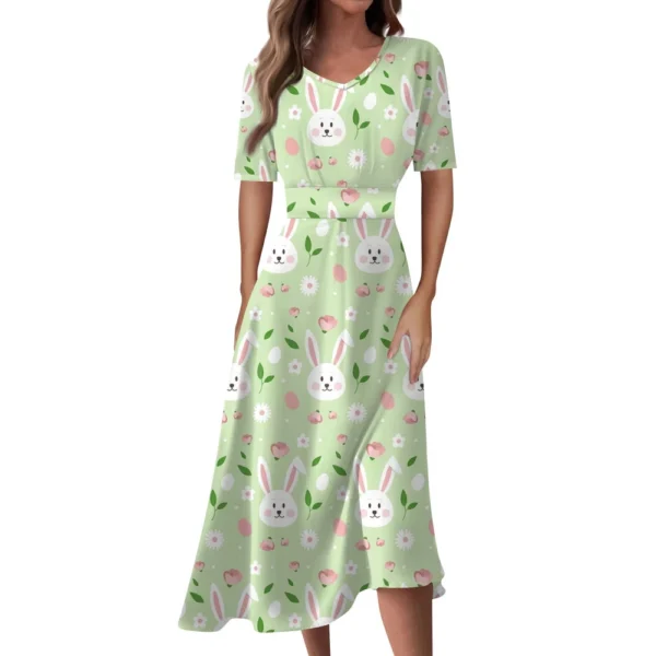 Ladies Casual Fashion Gradient Print V-Neck Short Sleeve Waist Long Swing Dress - Image 6