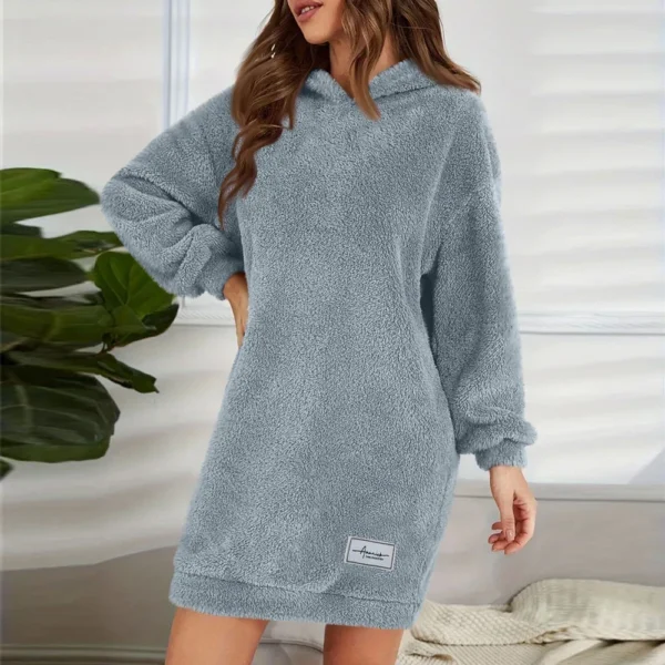 Women's Fashion Hooded Long Sleeve Plush Dress Solid Color Casual Sweatshirt - Image 19