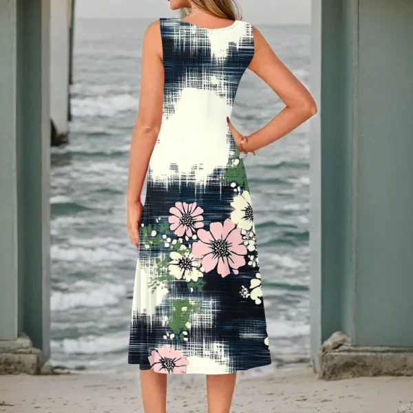Women's Casual Fashion Floral Print Round Neck Sleeveless Solid Color Midi Dress - Image 10