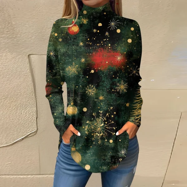 Women's Printed Christmas High Neck Pullover Long Sleeve Casual Fashion T-Shirt - Image 13