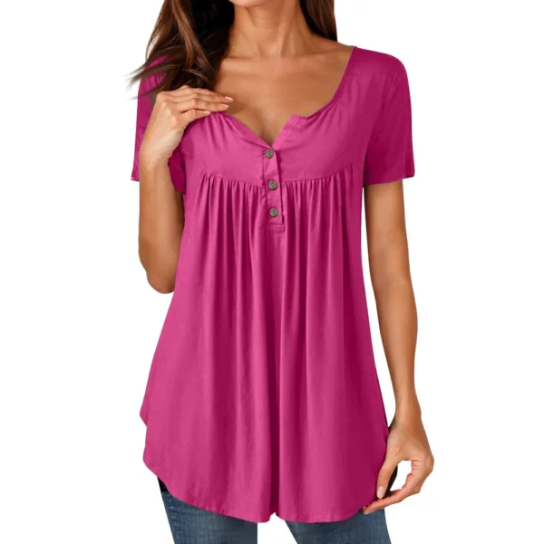 Women Tunic Tops Dressy Casual Summer Short Sleeve Shirts Loose Fit Pleated - Image 41