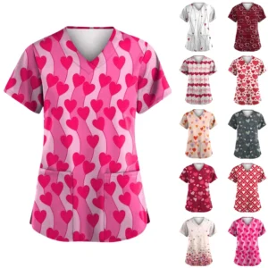Women's Valentine's Day Printed  Uniform Work Uniform V-Neck Pocket Protective