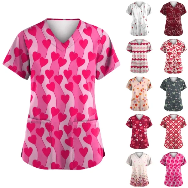Women's Valentine's Day Printed  Uniform Work Uniform V-Neck Pocket Protective