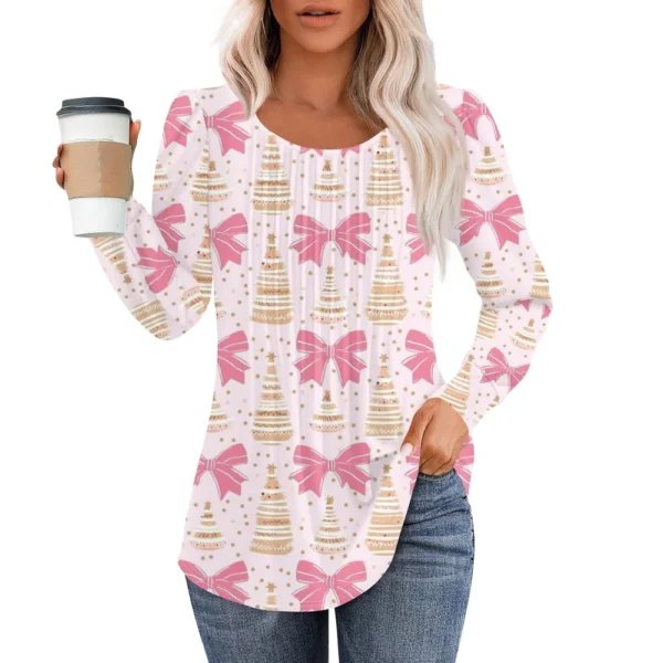 Women's Pleated Casual T-Shirt Round Neck Christmas Printed Long Sleeved Top - Image 32