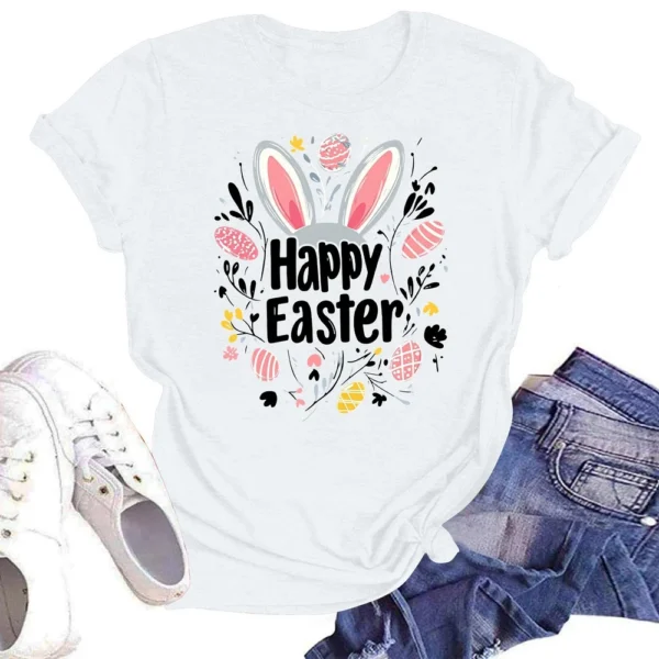 Happy Easter Women's Fashion Printed Round Neck Short Sleeve T-Shirt Pullover - Image 31