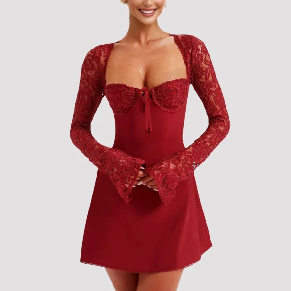 Women 's Elegant Lace Dress Lace Patchwork Long Sleeve Low Cut Dress Backless - Image 22