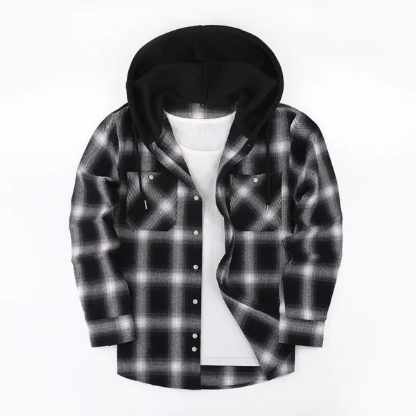 Thick long-sleeved hooded plaid shirt for men loose - Image 3